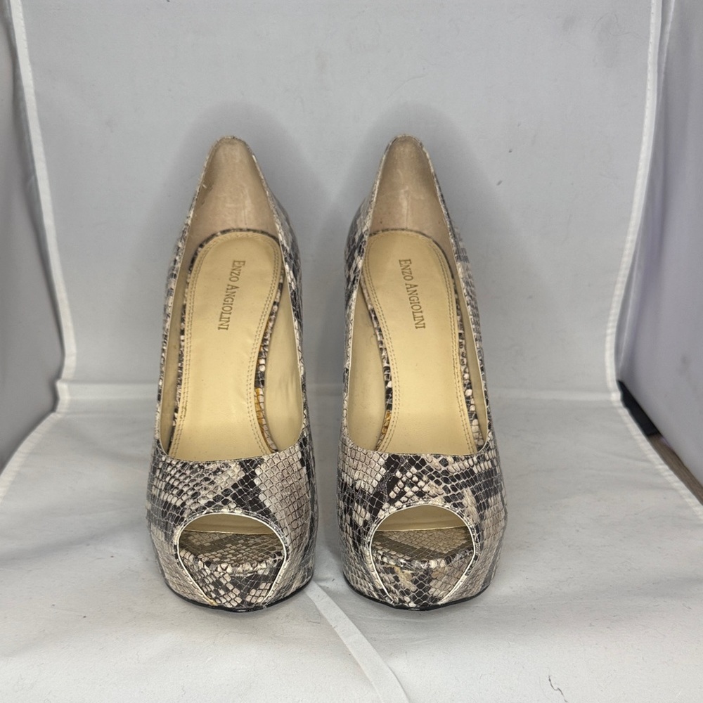 Enzo Angiolini Snakeskin Peep Toe Heels - Black and Cream